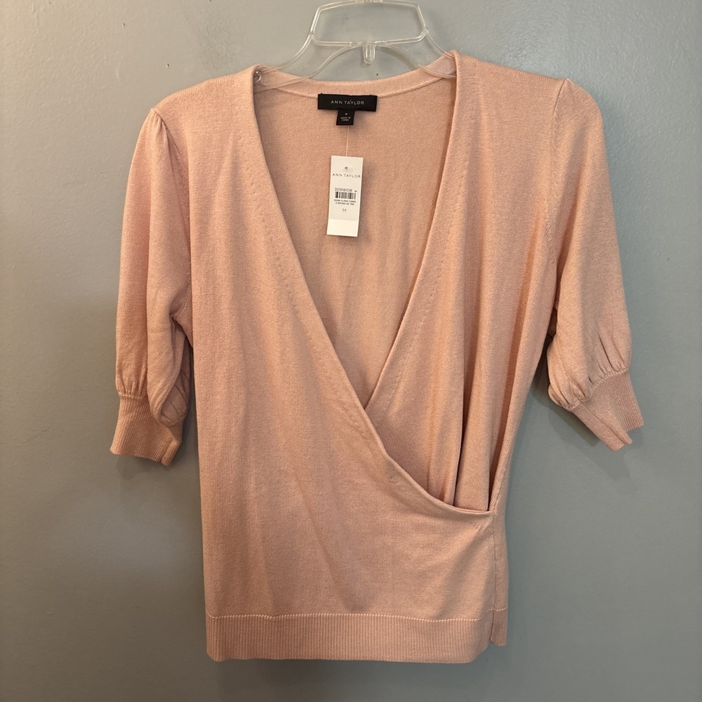 Ann Taylor Pink Faux Wrap Short Sleeve Knit Sweater Top Office Career Size M NWT